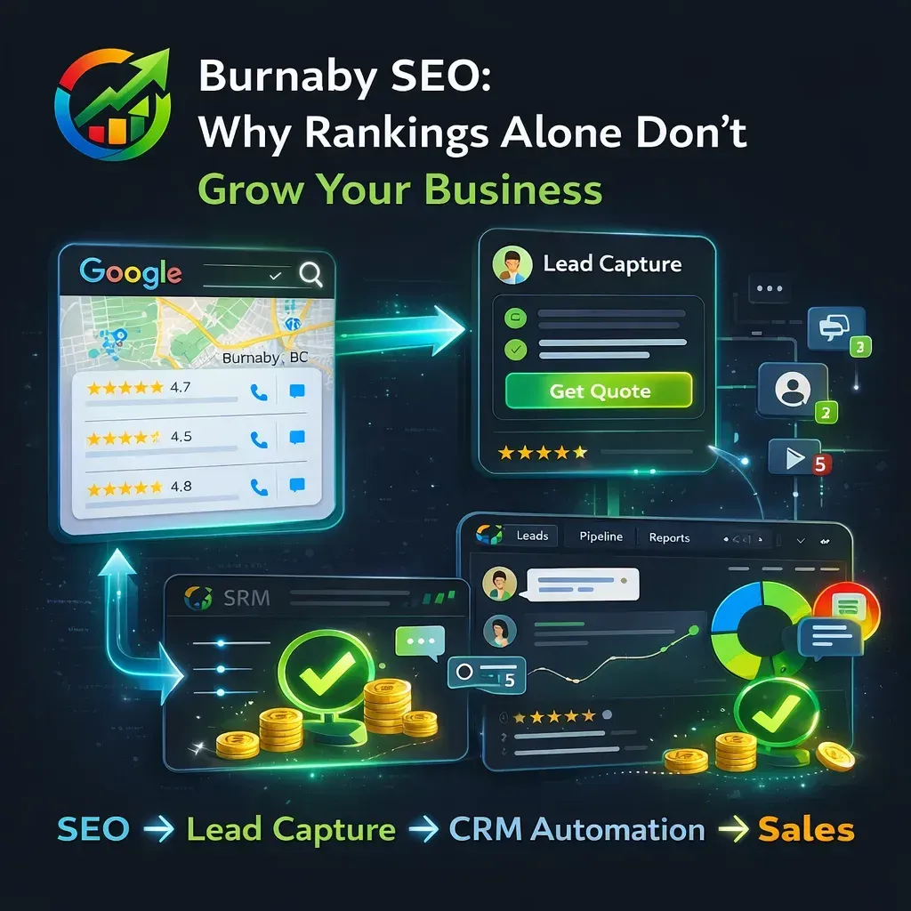Burnaby SEO infographic by Auto Connect CRM showing Google search, Google Business Profile, website optimization, local SEO components, and lead growth for Burnaby businesses