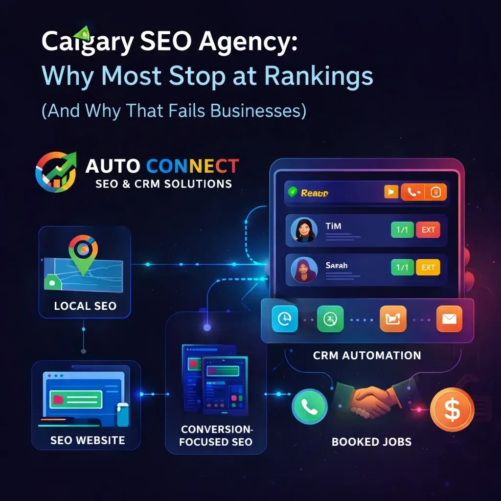 Calgary SEO Agency infographic by Auto Connect CRM showing rankings, lost leads, CRM automation, lead tracking, and customers on a dark SaaS-style background.