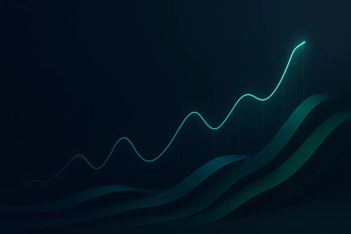Abstract dark chart with a glowing teal line trending upward over layered green waves, representing med spa KPIs that predict growth