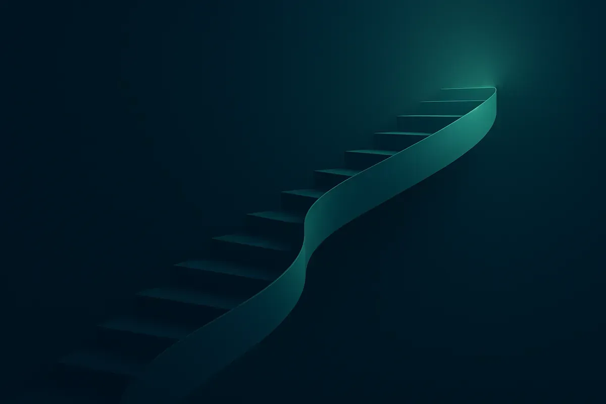 Abstract dark teal staircase rising toward a soft glow, representing a med spa scaling on systems instead of owner hours