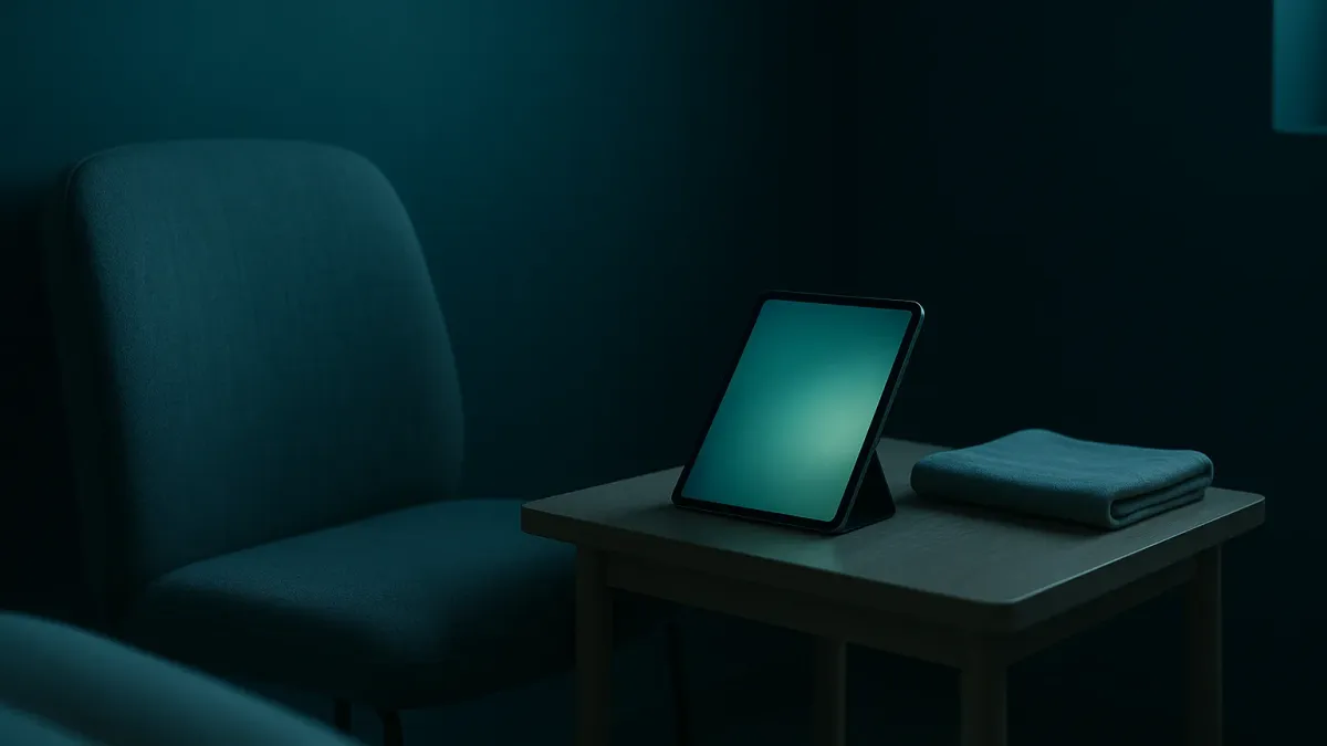 A tablet glowing teal on a side table beside an empty chair in a quiet med spa consultation room