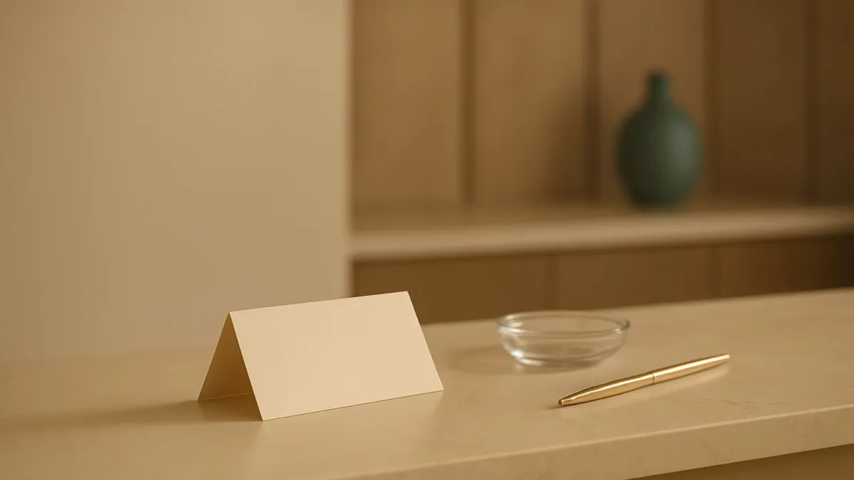 A blank folded price card on a pale stone med spa front desk beside a glass dish and brass pen