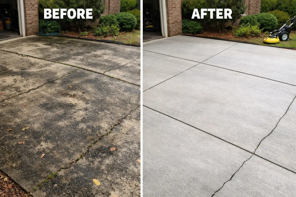 Before-and-after comparison of a driveway showing significant cleaning results from pressure washing, highlighting the transformation from a stained, cracked surface to a clean, smooth concrete finish, emphasizing professional exterior cleaning services in Vancouver, WA.