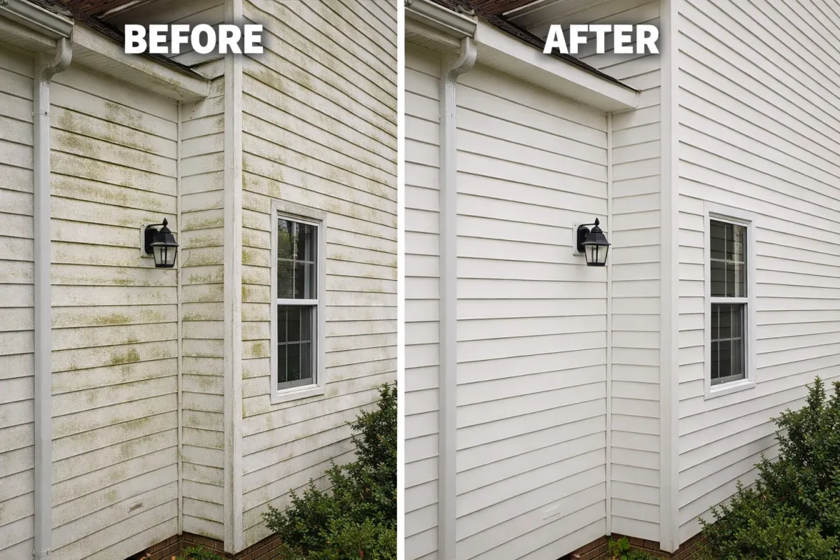 Before-and-after comparison of a house exterior showing significant cleaning transformation, highlighting pressure washing results with a clean, bright surface on the right and a stained, algae-covered surface on the left.