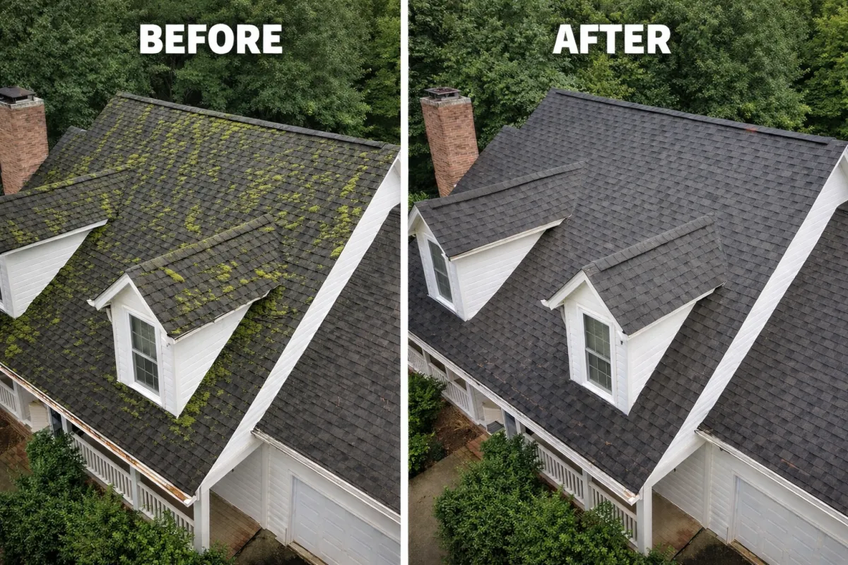 Before-and-after comparison of a roof cleaning service, showing a moss-covered roof on the left and a clean, dark roof on the right, highlighting the effectiveness of Wow Wash 360's pressure washing services in Vancouver, WA.