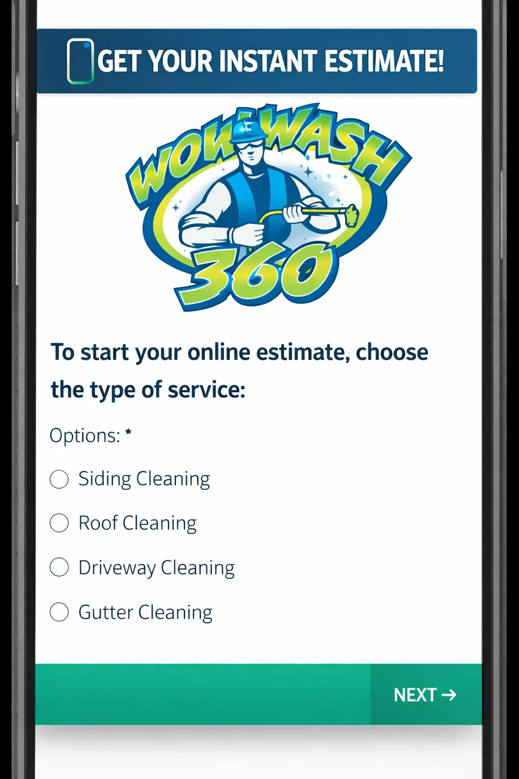 Mobile phone displaying Wow Wash 360 logo and online estimate options for pressure washing services including siding, roof, driveway, and gutter cleaning.