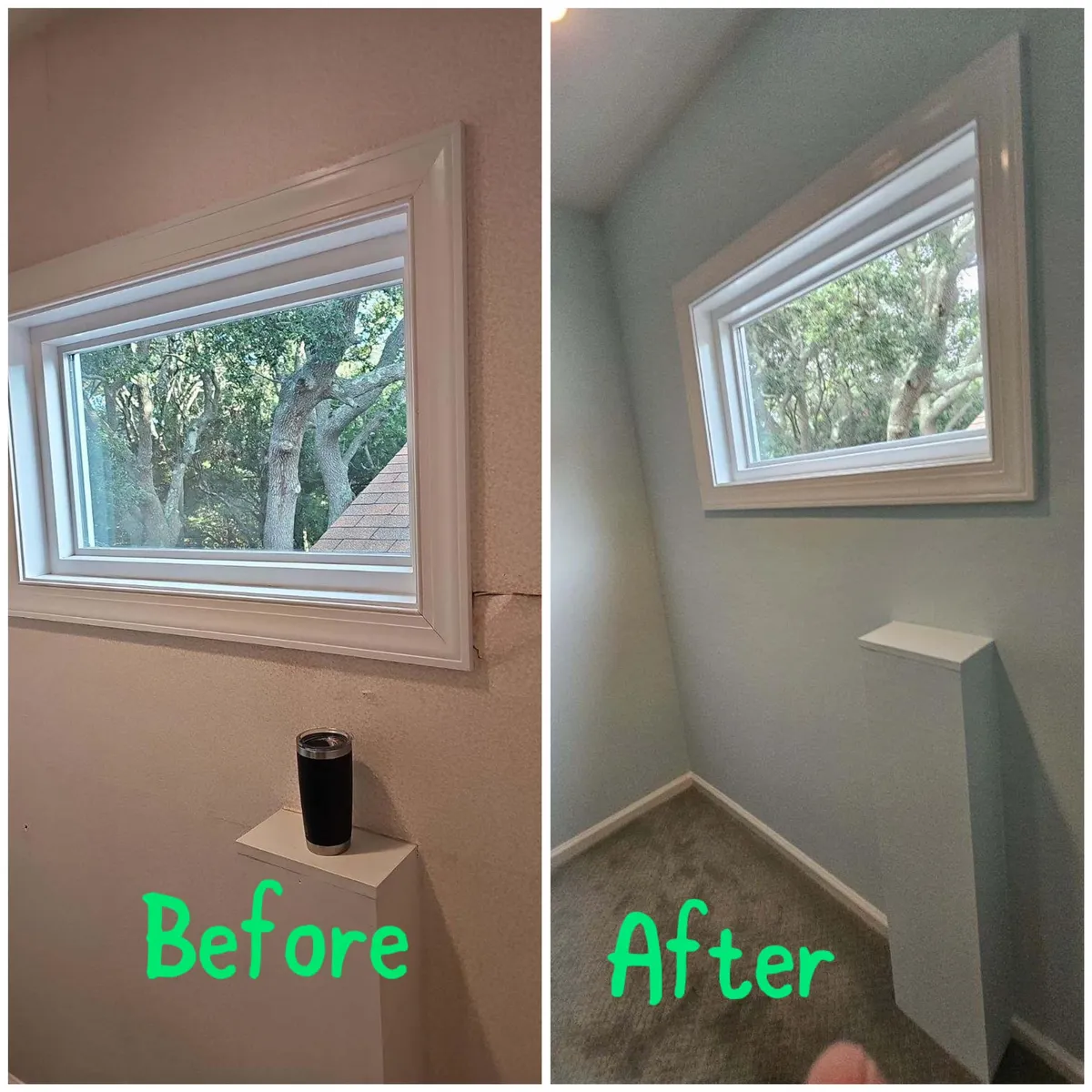 Bedroom corner with freshly painted walls and window trim