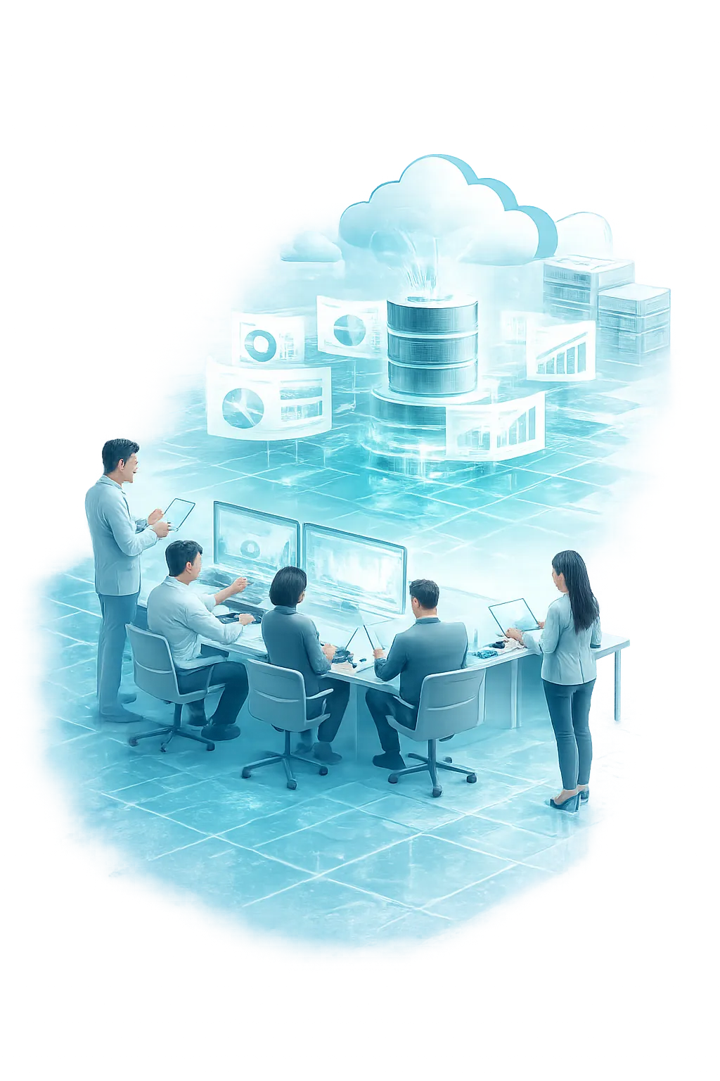 Team of data architects, engineers and analysts working together at dual monitors beneath a cloud-connected data platform with floating dashboards and analytics visualisations in aqua, representing enterprise data expertise.