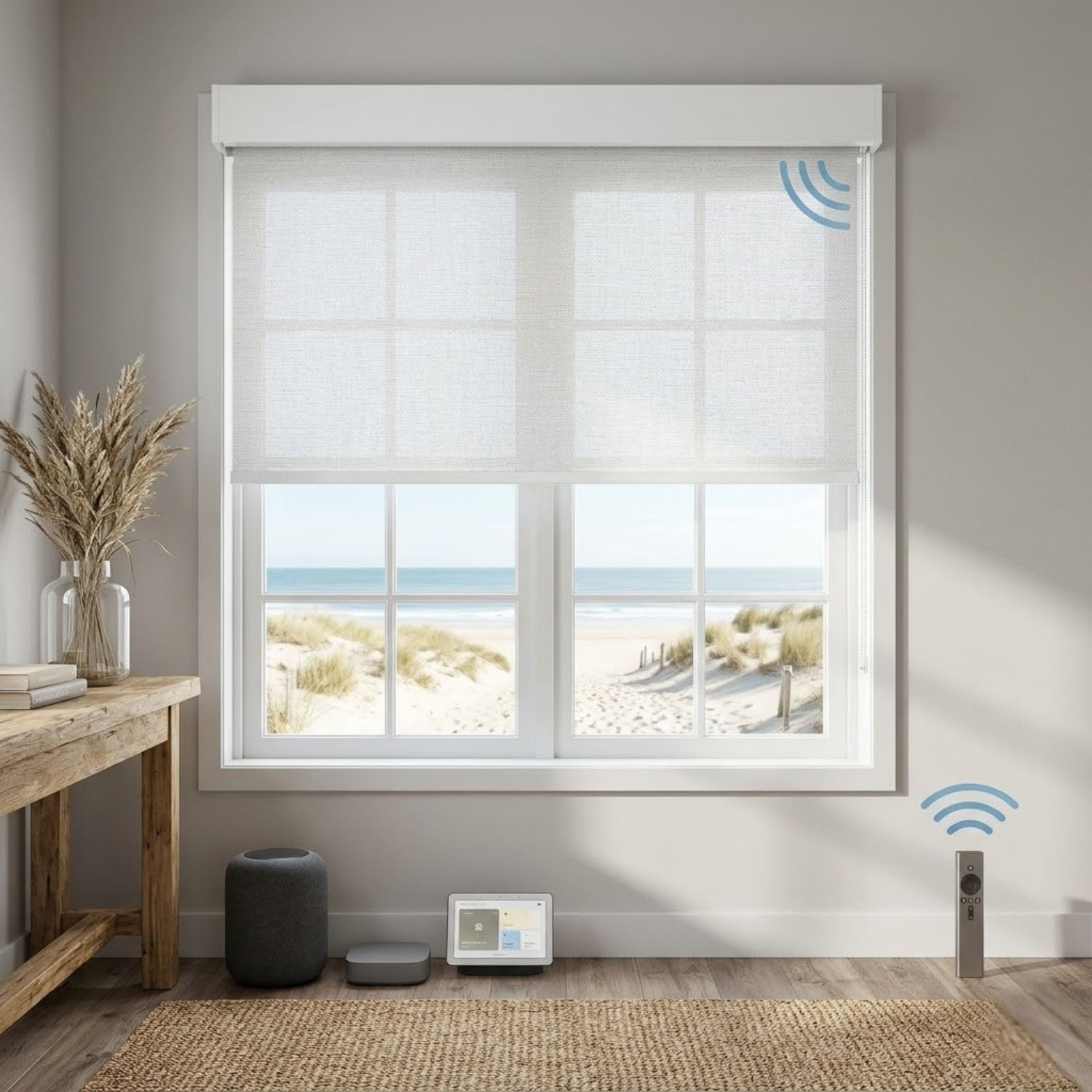 This is a Motorized Light Filtering Roller Shades 70% Blackout Safari