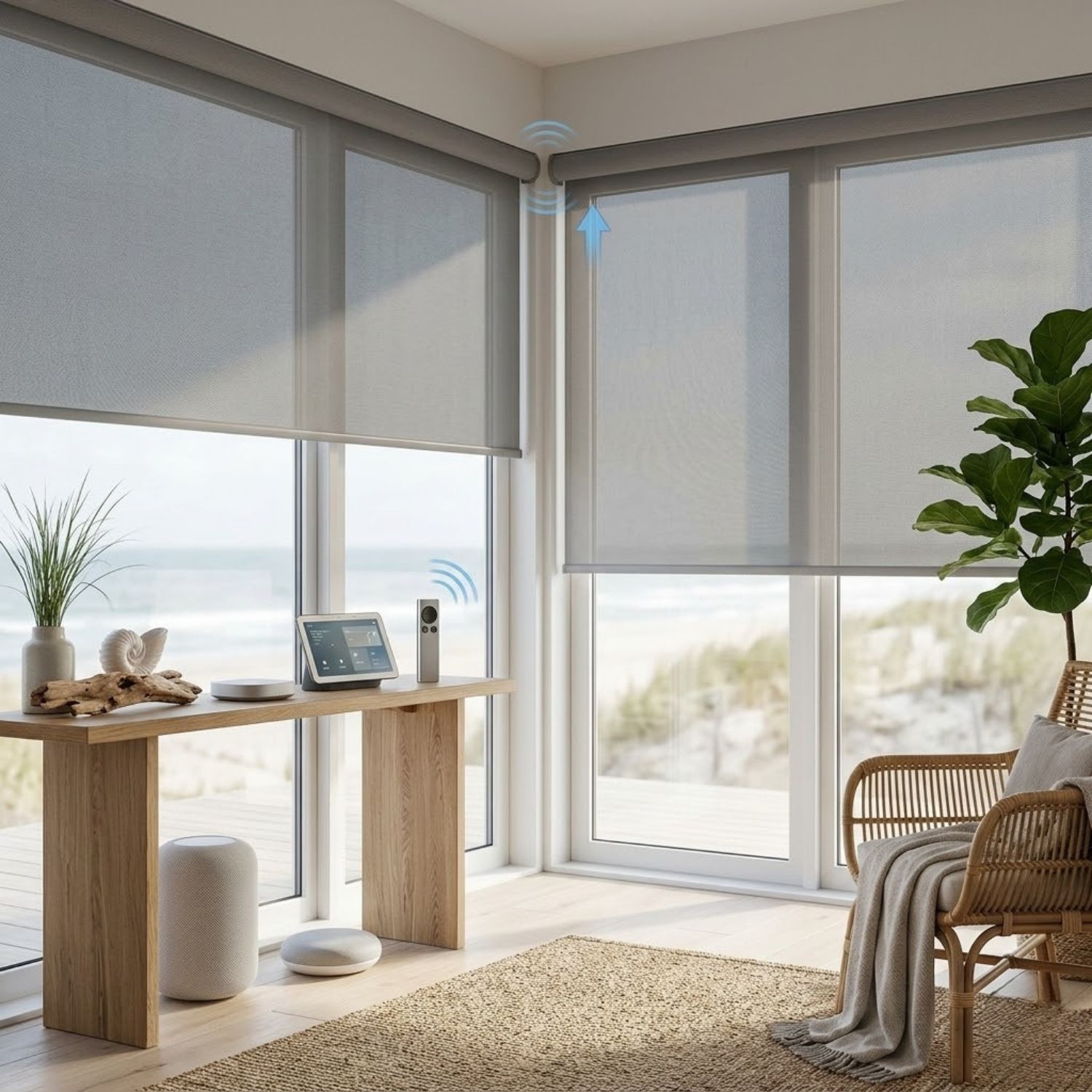 This is a Motorized Light Filtering Roller Shades 50% Blackout PVC Free Sunscreen