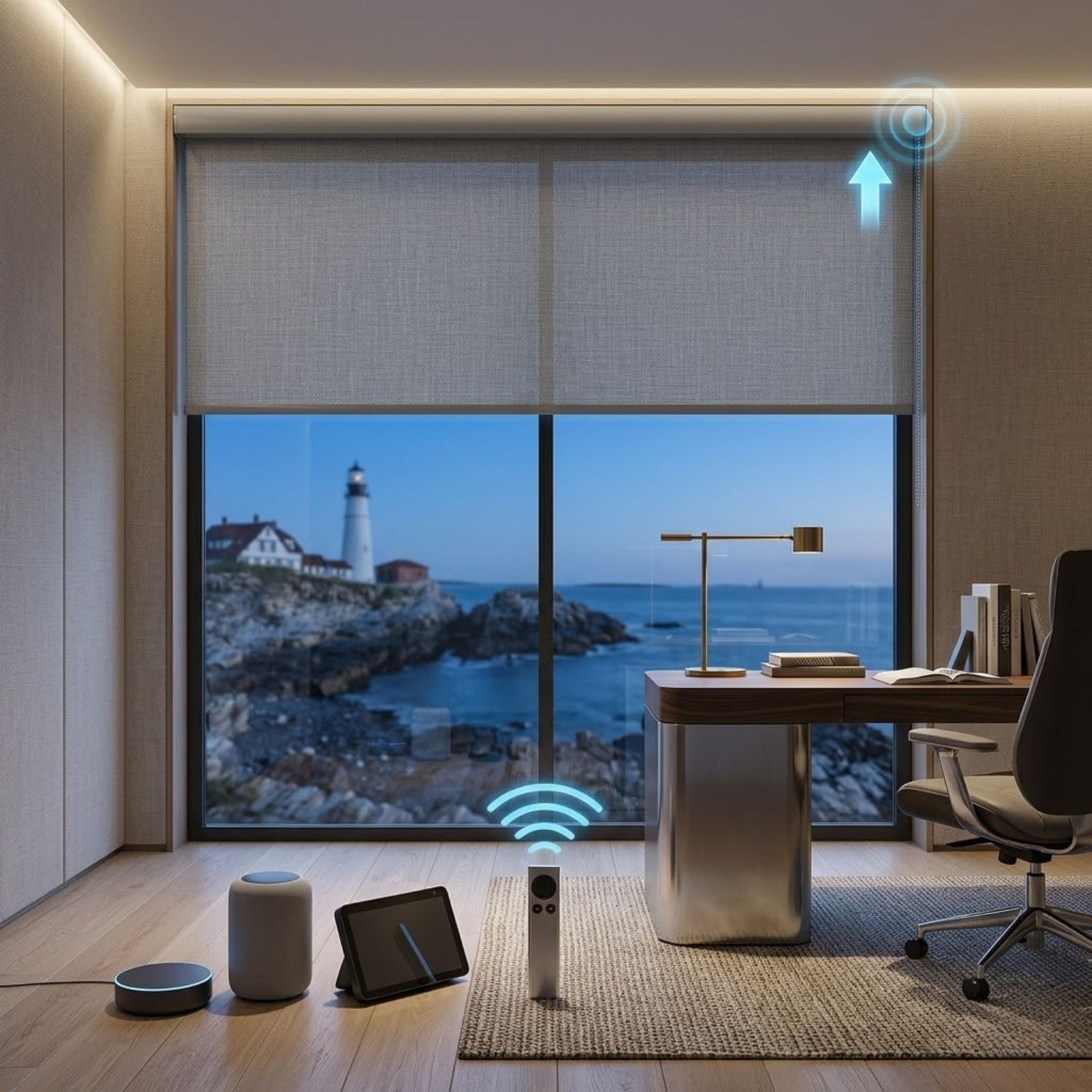 This is a Motorized Light Filtering Roller Shades 70% Blackout Linen