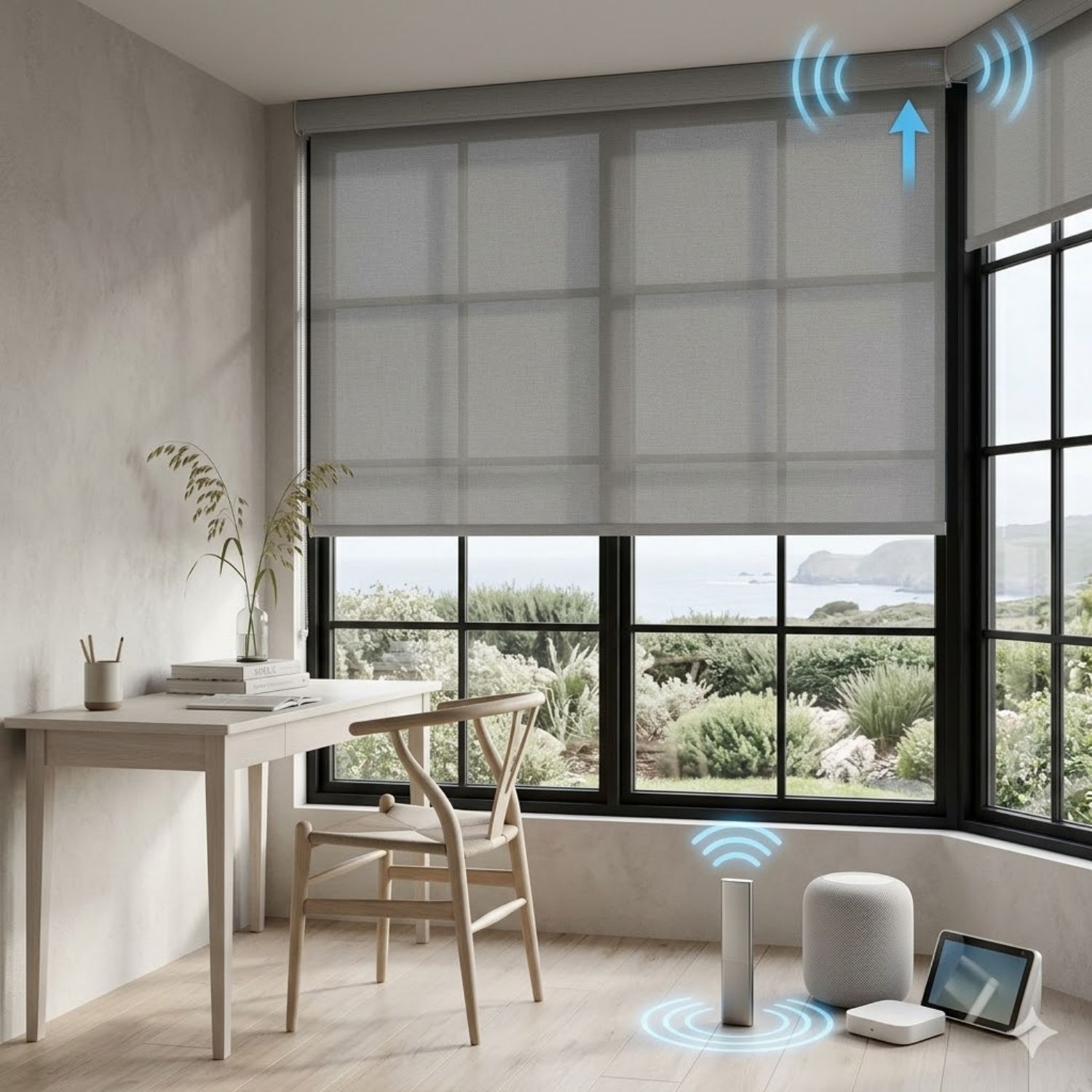 This is a Motorized Light Filtering Roller Shades 70% Blackout Essential