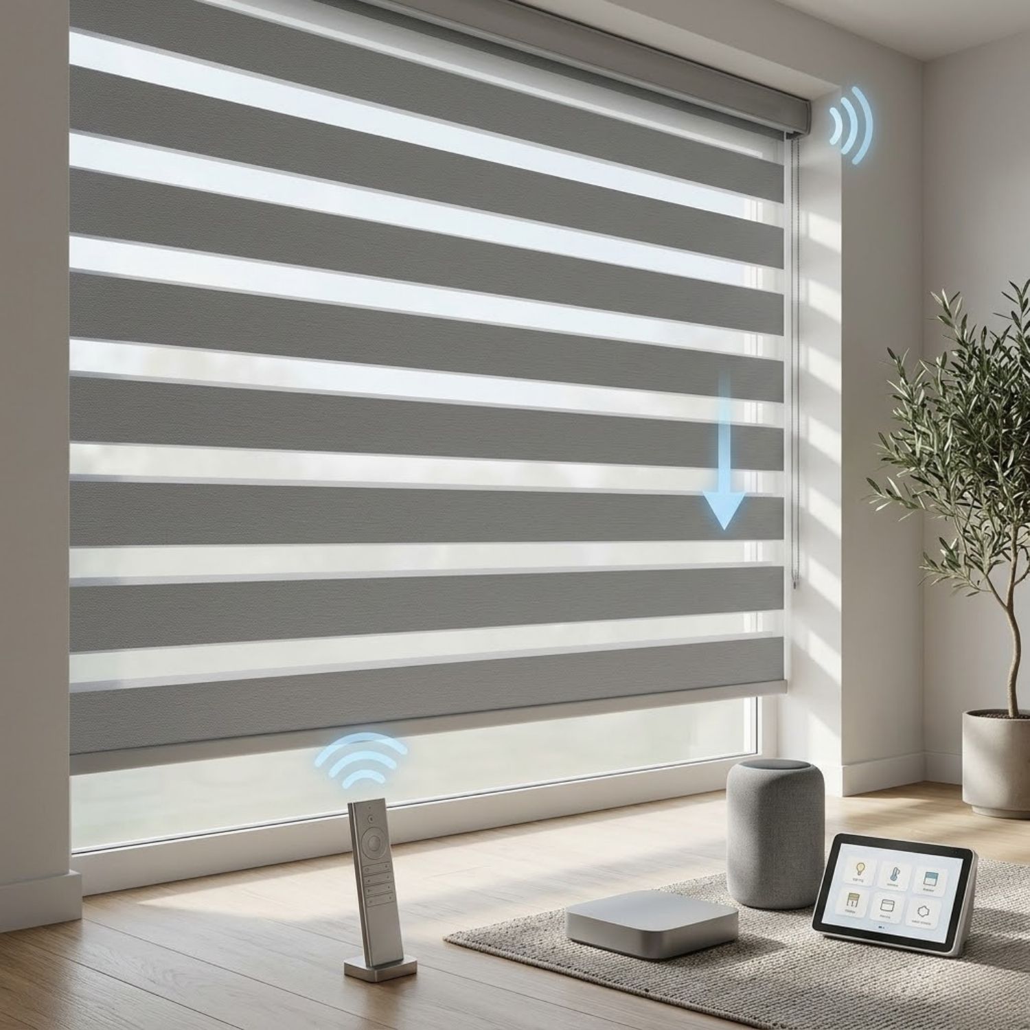 This is a Motorized Zebra Shades 85% Blackout 95mm Ingrid