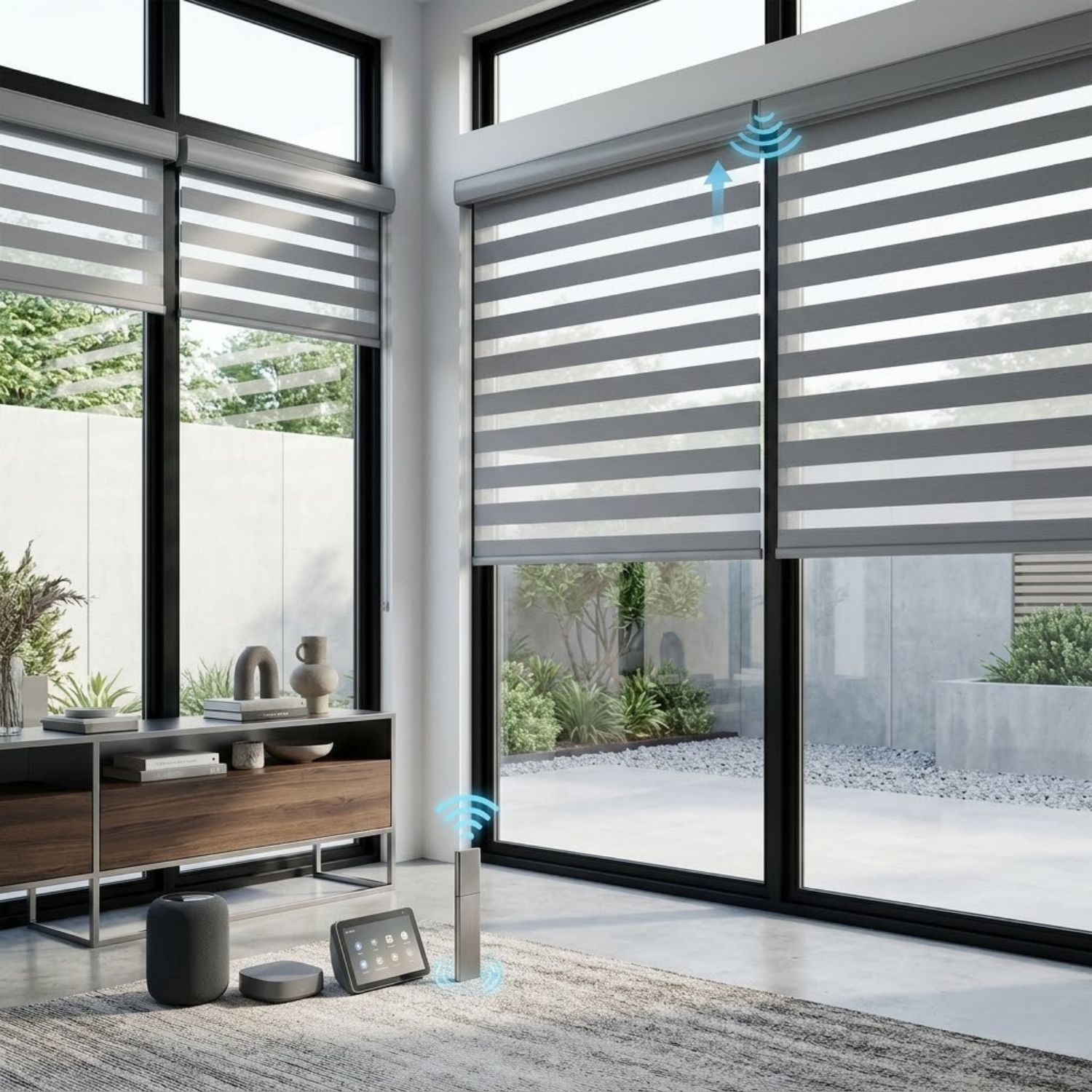 This is a Motorized Zebra Shades 60% Blackout Translucent 75mm Eloise