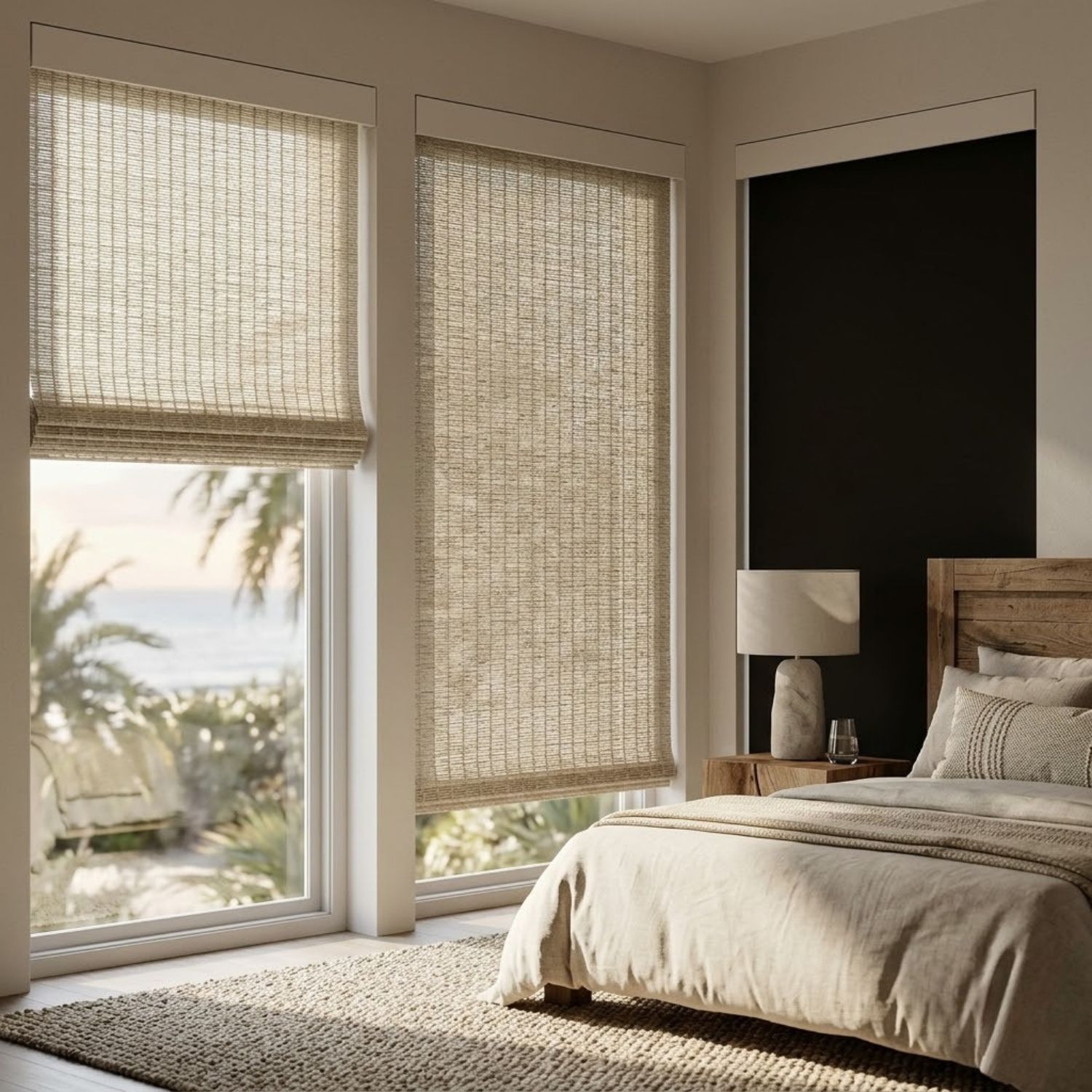 This is a Motorized Woven Wood Shades 50%/70%/100% Blackout Orithyia