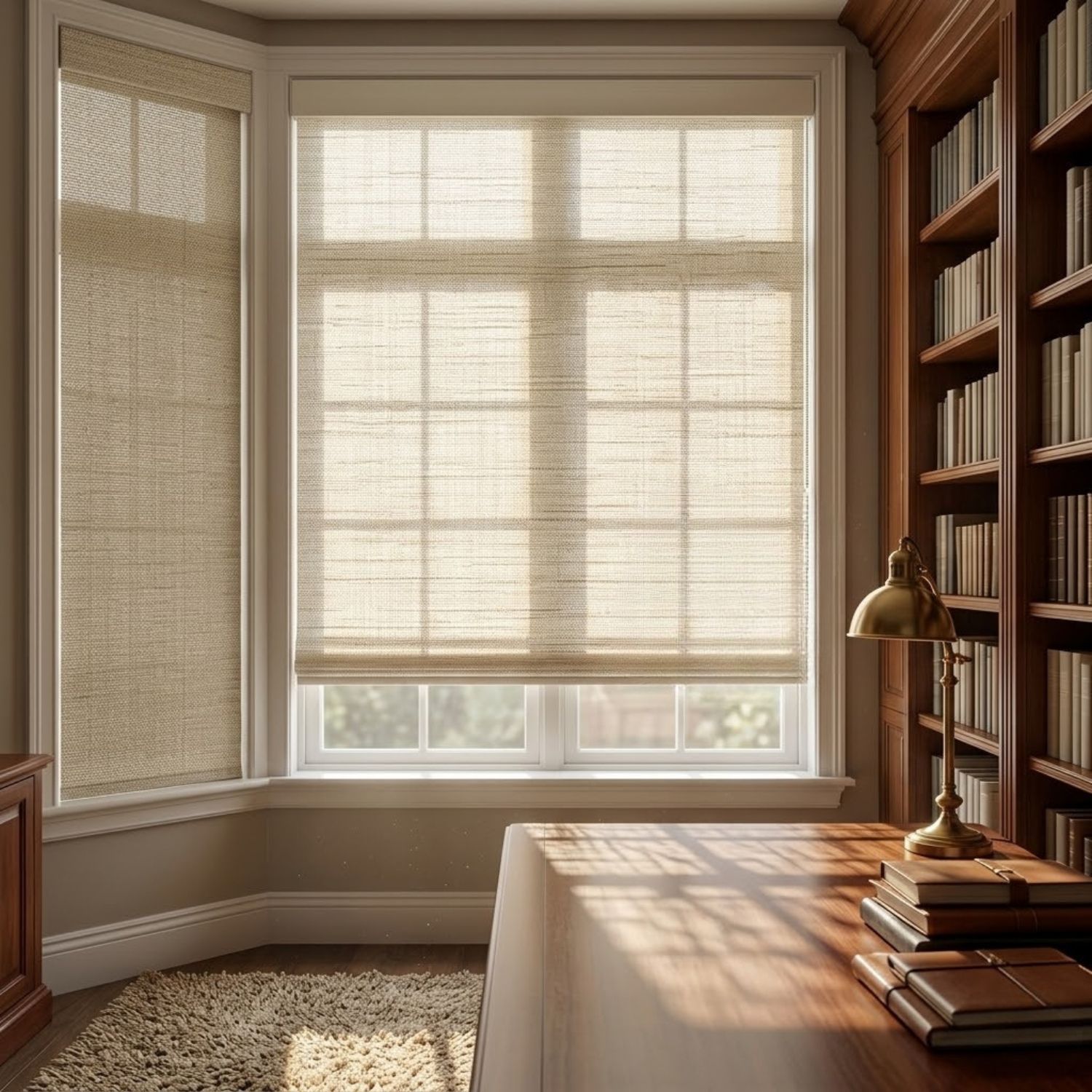 This is a Coastal Smart Blinds Motorized Woven Wood Shades 50%/70%/100% Blackout Aphrodite