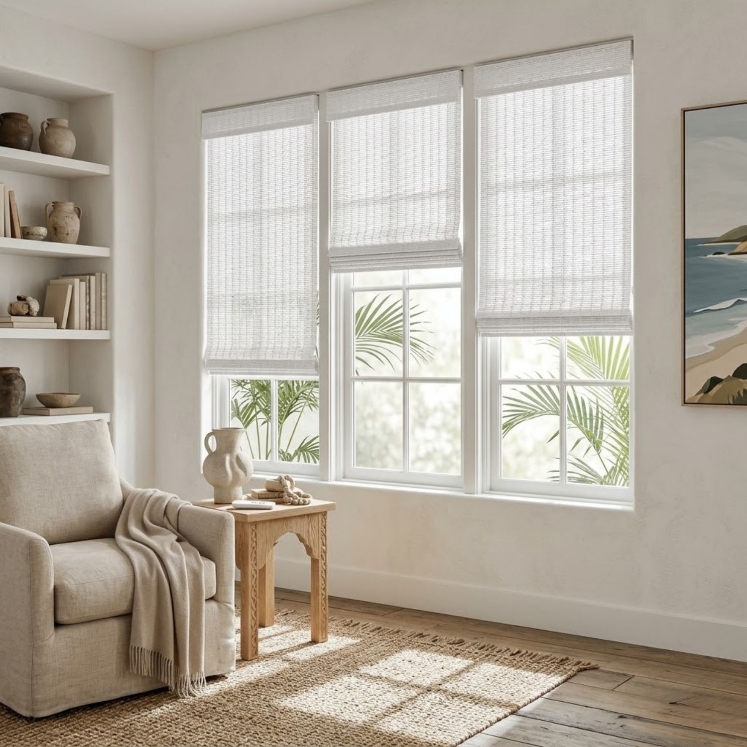 This is a Motorized Woven Wood Shades 50%/70%/100% Blackout Persephone