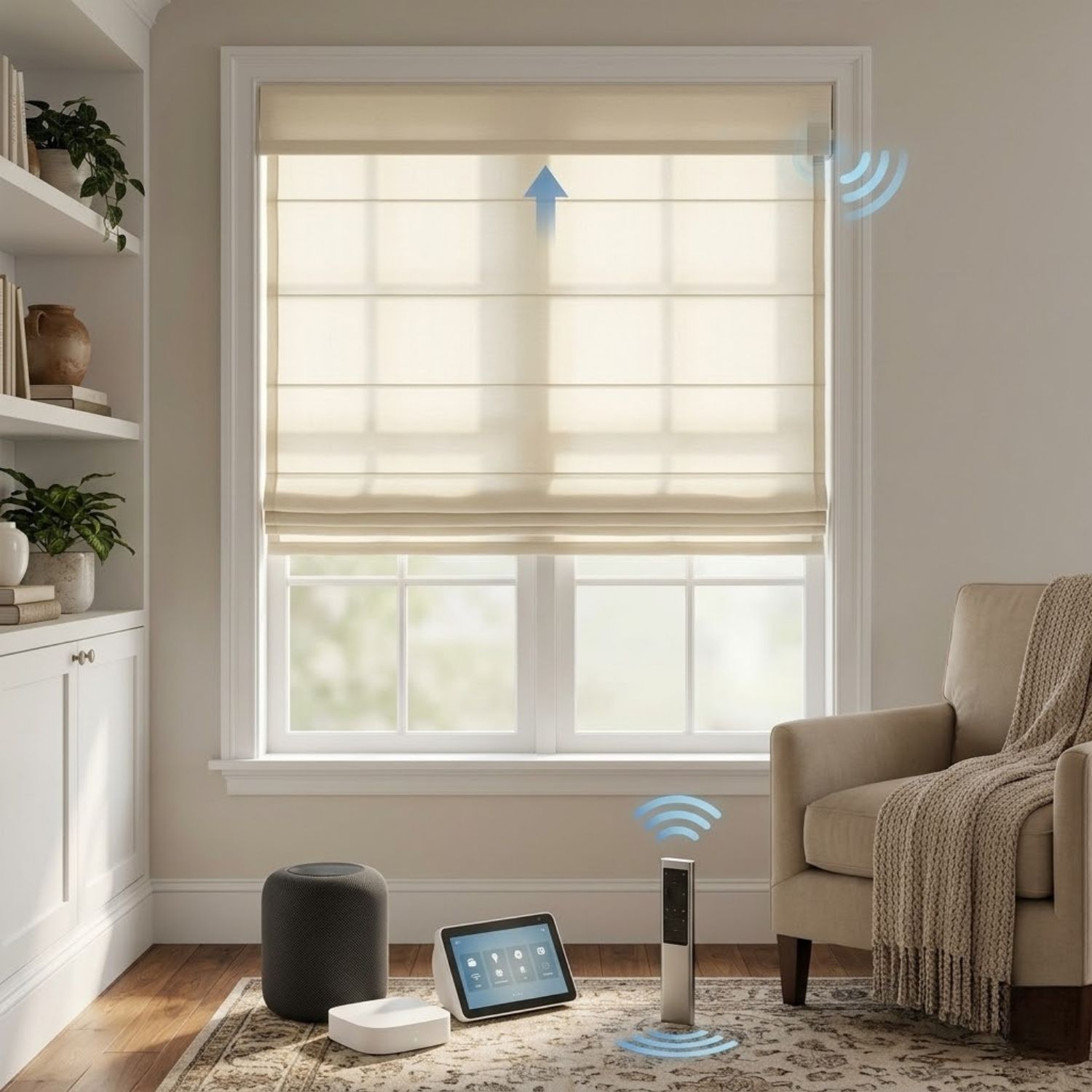 This is a Motorized Light Filtering Roman Shades 60% Blackout Clio