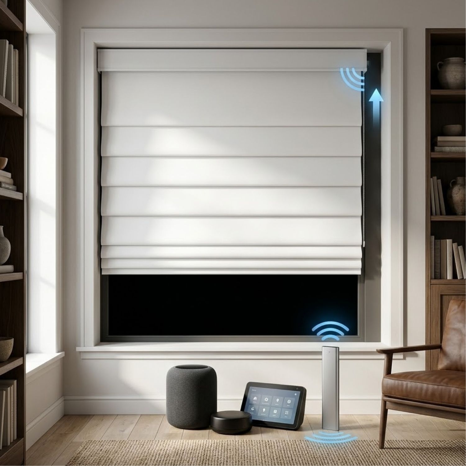 This is a Motorized Roman Shades 100% Blackout Iris