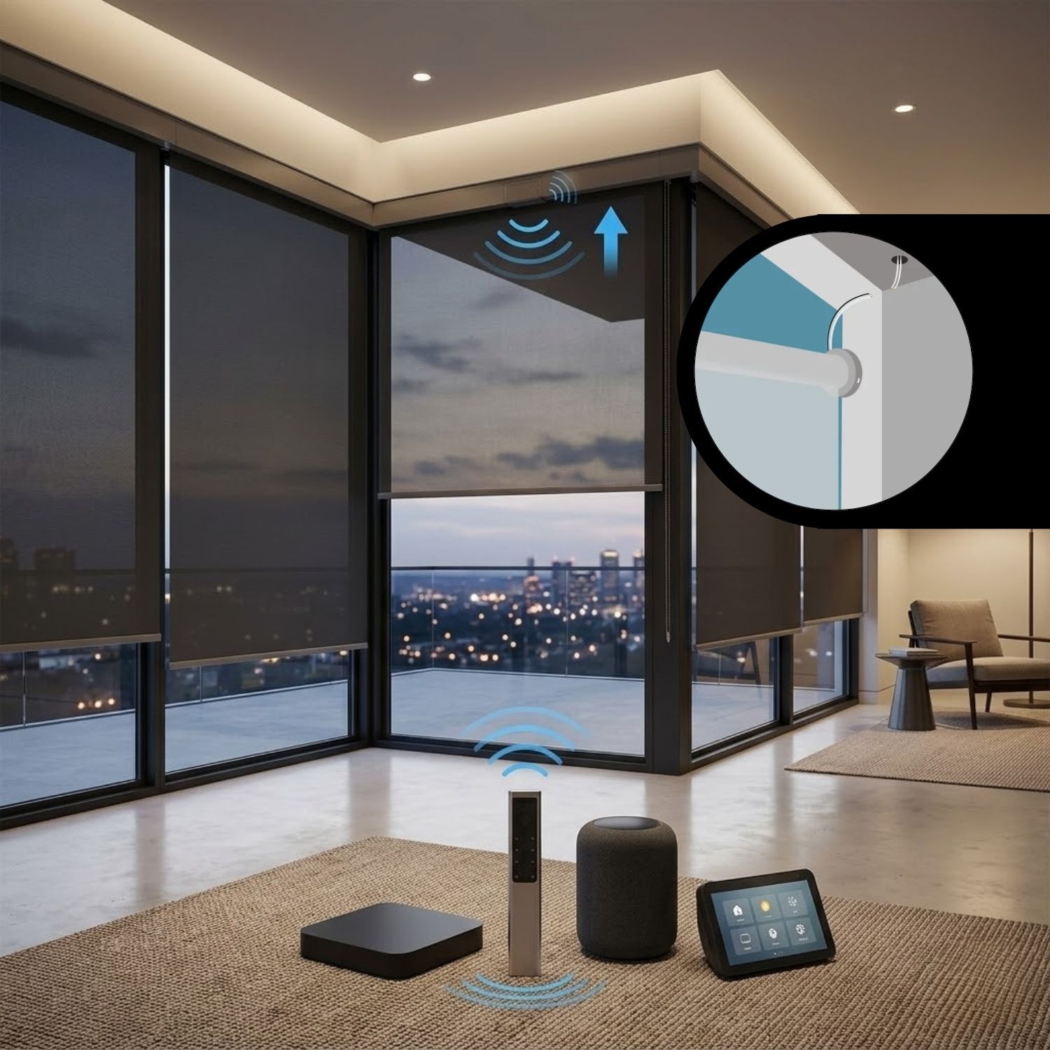 This is a Hardwired Motorized Light Filtering Roller Shades 60%/70% Blackout Twilight