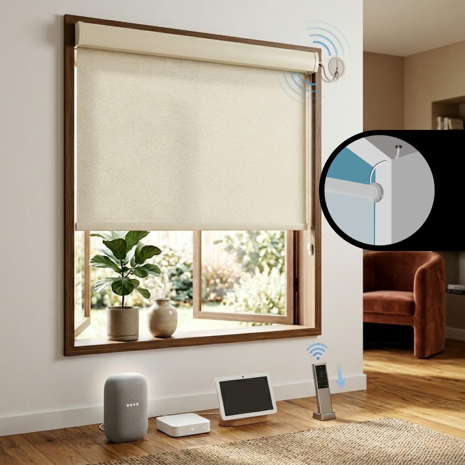 This is a Hardwired Motorized Roller Shades 100% Blackout Dual-Sided Bouvardia