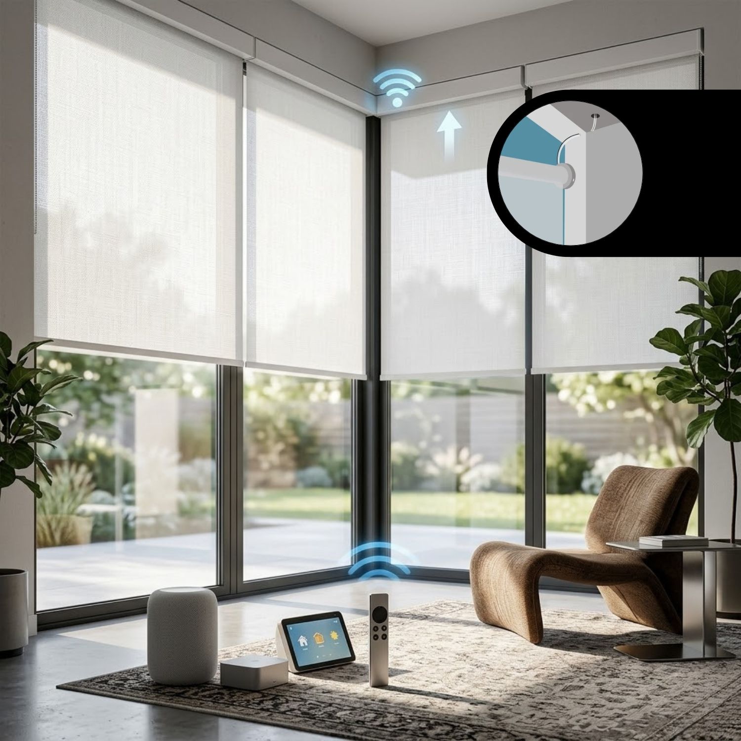 This is a Hardwired Motorized Light Filtering Roller Shades 70% Blackout Linen