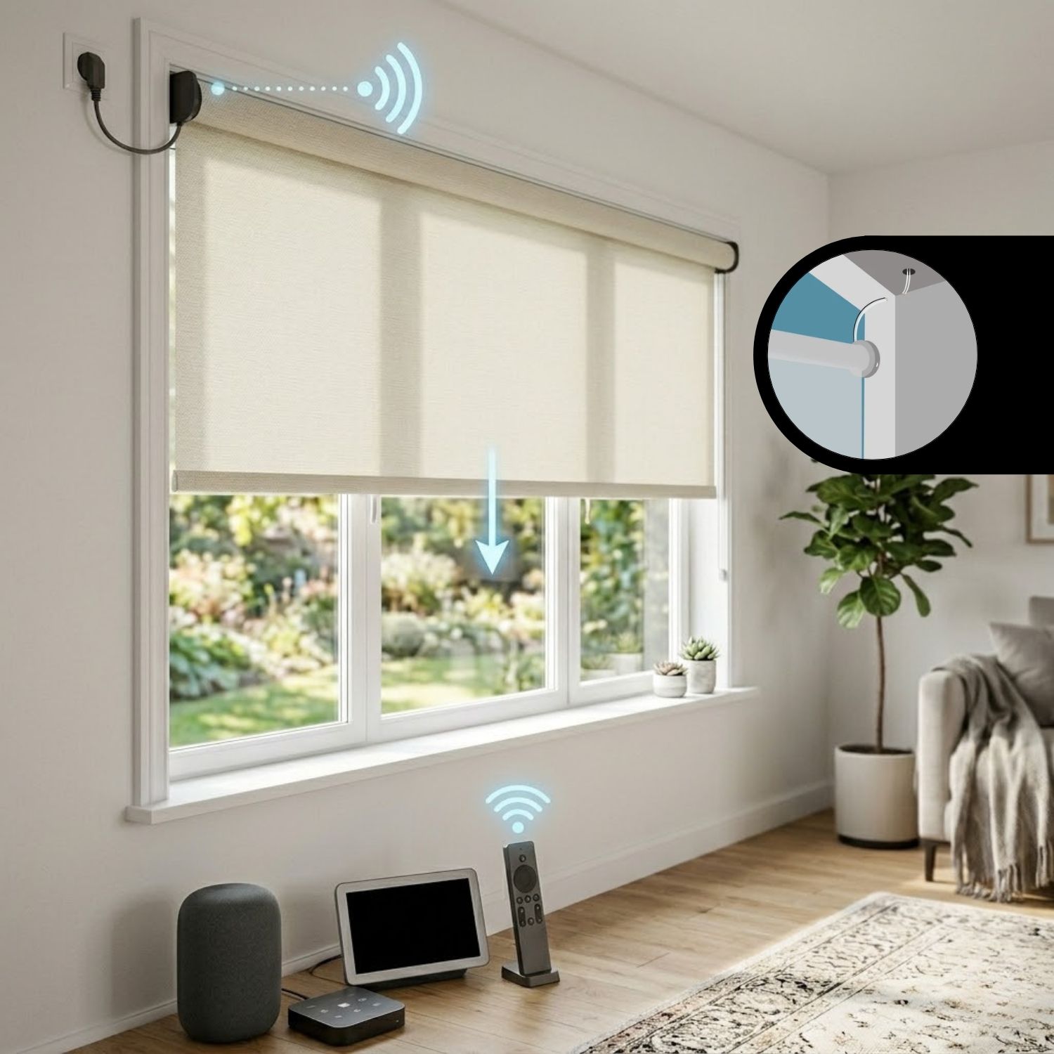 This is a Hardwired Motorized Light Filtering Roller Shades 70% Blackout Essential