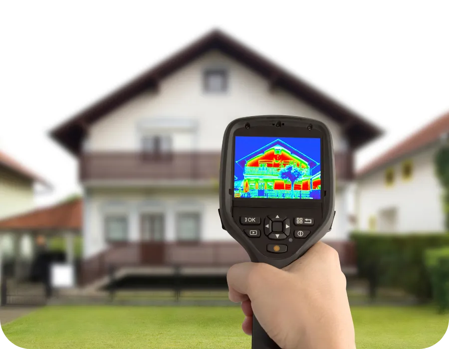 Hand holding a thermal imaging camera showing heat patterns on a house exterior, illustrating advanced ancillary inspection services such as thermal imaging for home buyers in Nashville and Middle Tennessee.