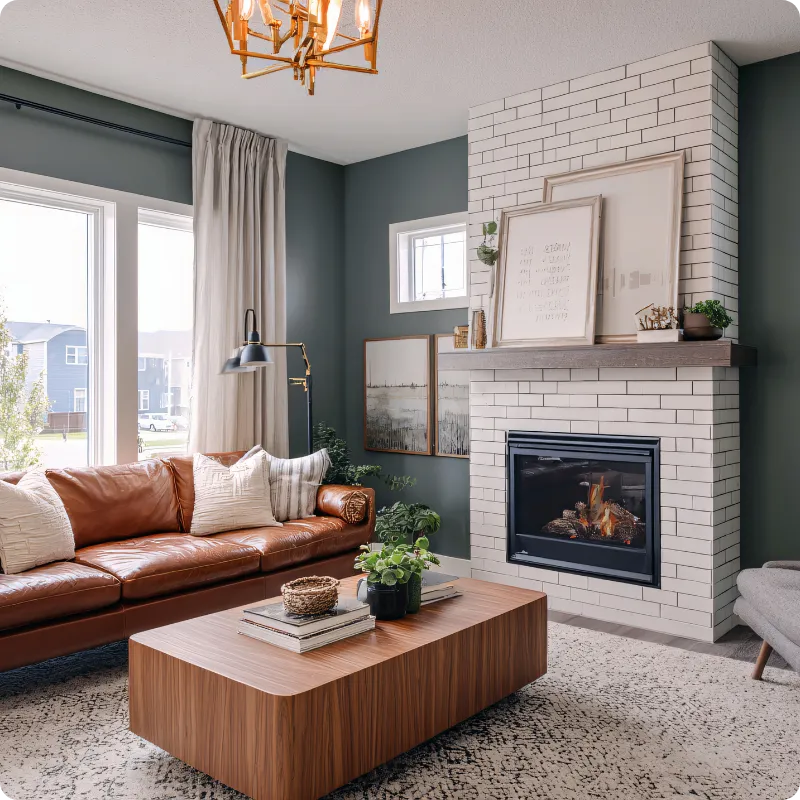 Modern living room with large windows, leather sofa, and brick fireplace, representing the interior components evaluated during a professional home inspection in Nashville and Middle Tennessee.