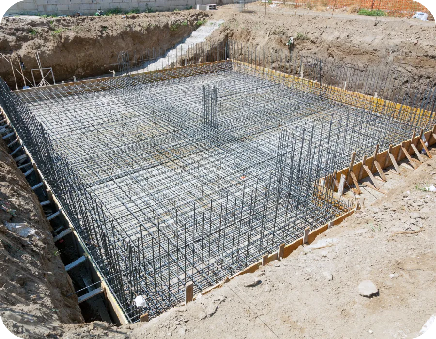 Reinforced concrete foundation footing with steel rebar grid at a residential construction site, illustrating the early stage evaluated during a Phase 1 Foundation Inspection.