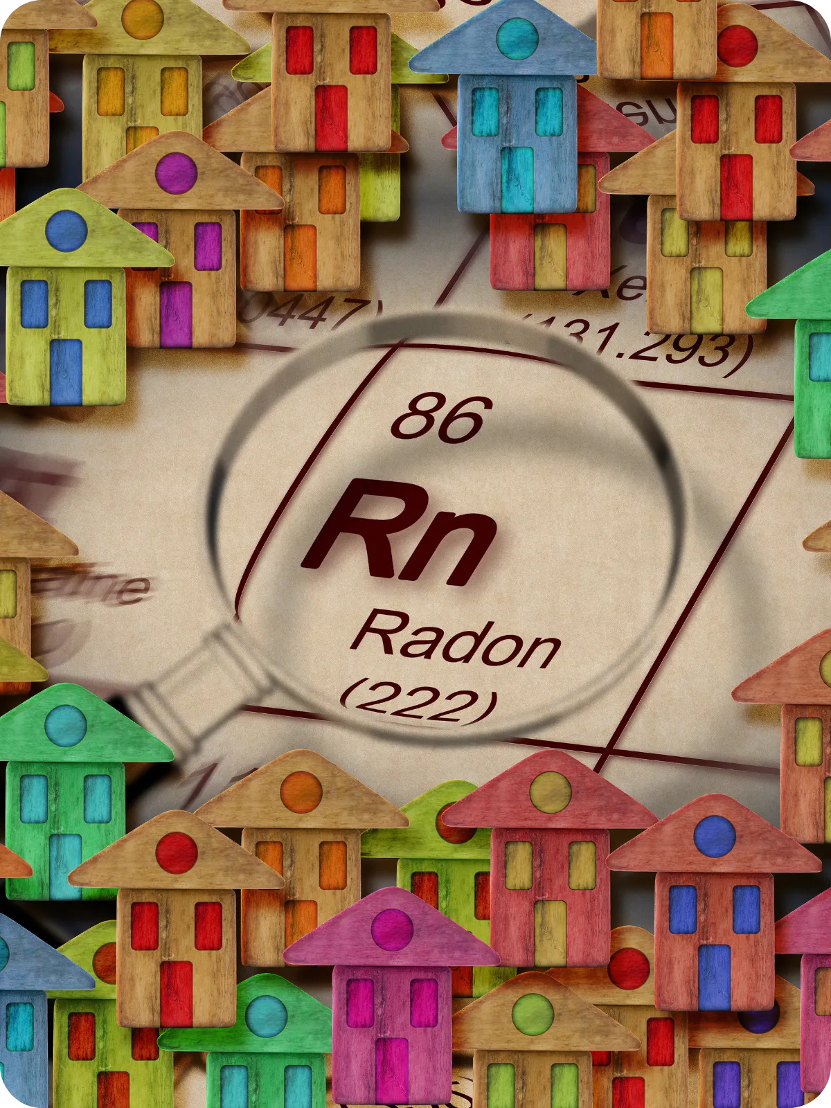 Magnifying glass highlighting the radon symbol on a chart surrounded by small wooden houses, illustrating the importance of radon testing for homes in Nashville and Middle Tennessee.
