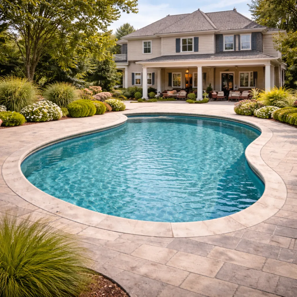 Backyard swimming pool with surrounding patio and a large residential home in the background, representing the areas evaluated during professional pool and spa inspections in Nashville and Middle Tennessee.