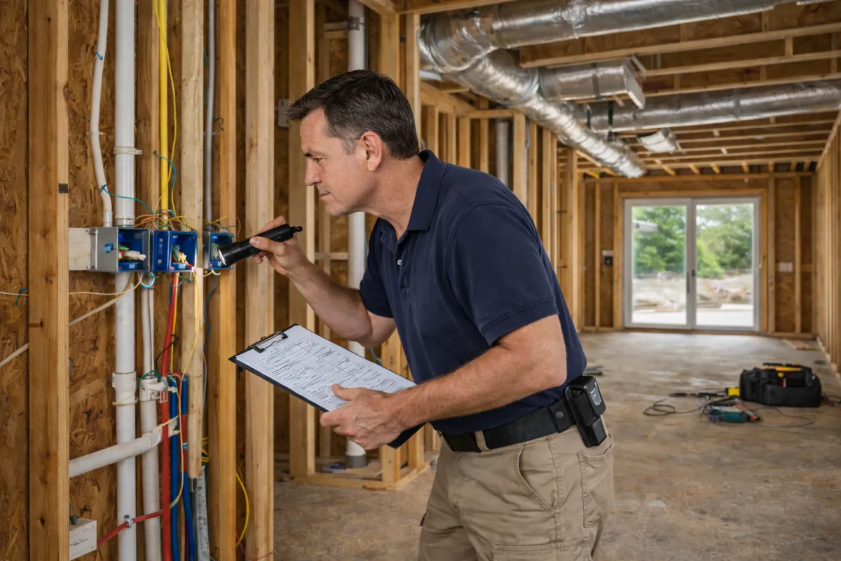 Home inspector examining electrical wiring and framing during a Phase 2 pre-drywall inspection inside a house under construction.