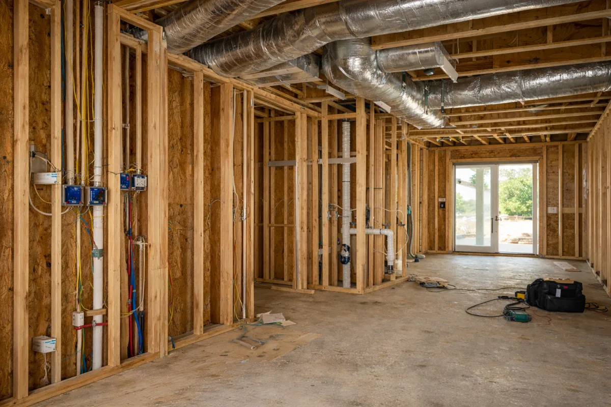 Interior view of a home during a Phase 2 pre-drywall inspection showing exposed framing, electrical wiring, ductwork, and plumbing before insulation and drywall installation.