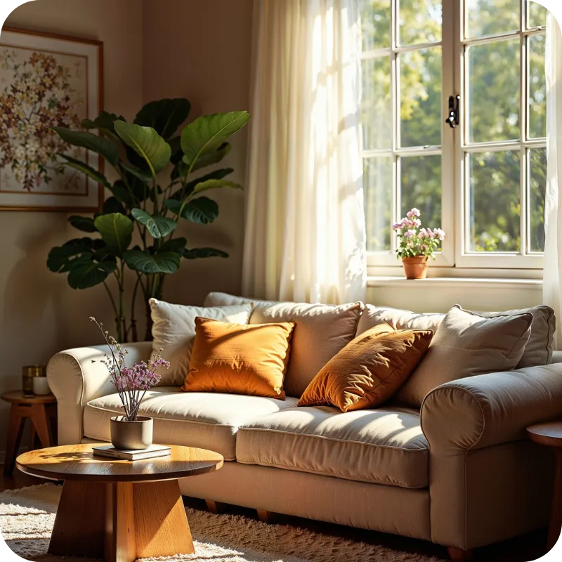 Bright, well-lit living room interior with sofa, pillows, and natural light from a window