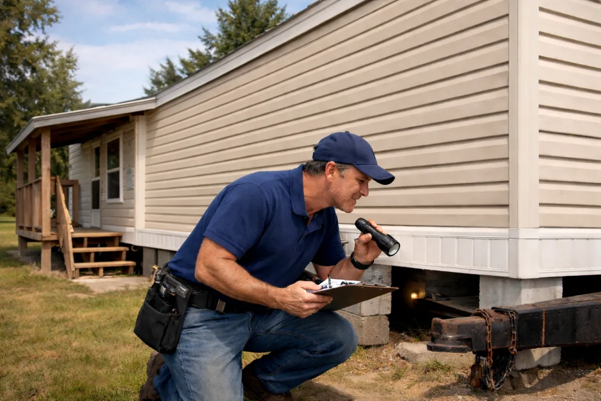 Home inspector examining the underside and foundation supports of a manufactured home, representing professional manufactured and mobile home inspections in Nashville and Middle Tennessee.