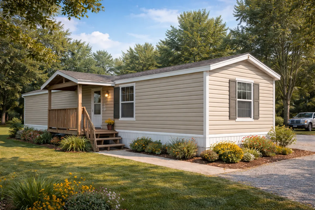 Manufactured home with front porch and landscaping, representing the exterior components evaluated during manufactured and mobile home inspections in Nashville and Middle Tennessee.