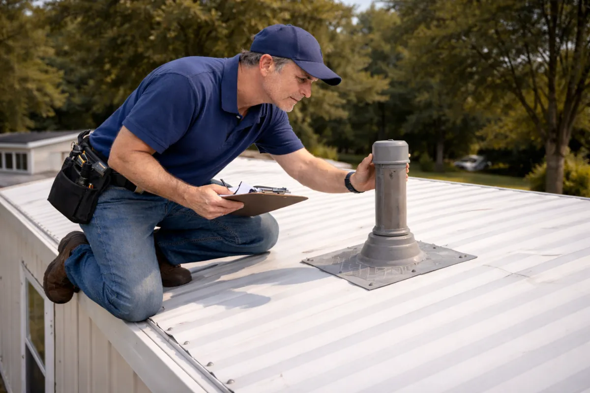 Home inspector examining the roof and vent components of a manufactured home, representing the detailed evaluations provided during mobile and manufactured home inspections in Nashville and Middle Tennessee.