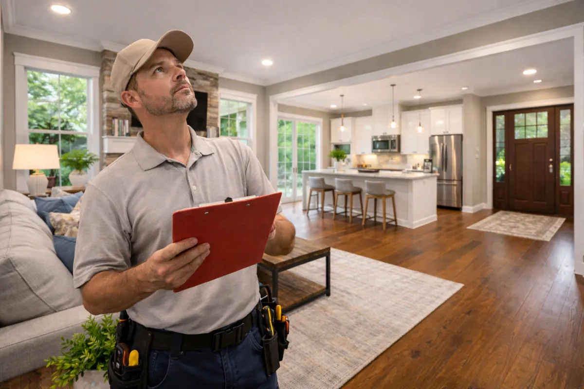 Home inspector evaluating the interior of a Clarksville, Tennessee home, documenting observations during a professional home inspection.