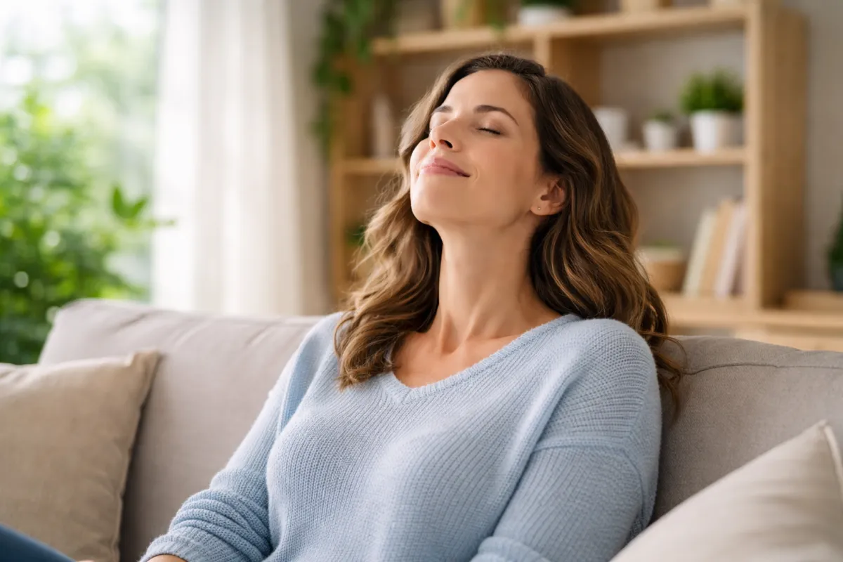 Woman relaxing on a sofa in a bright home, illustrating the comfort of healthy indoor air quality.