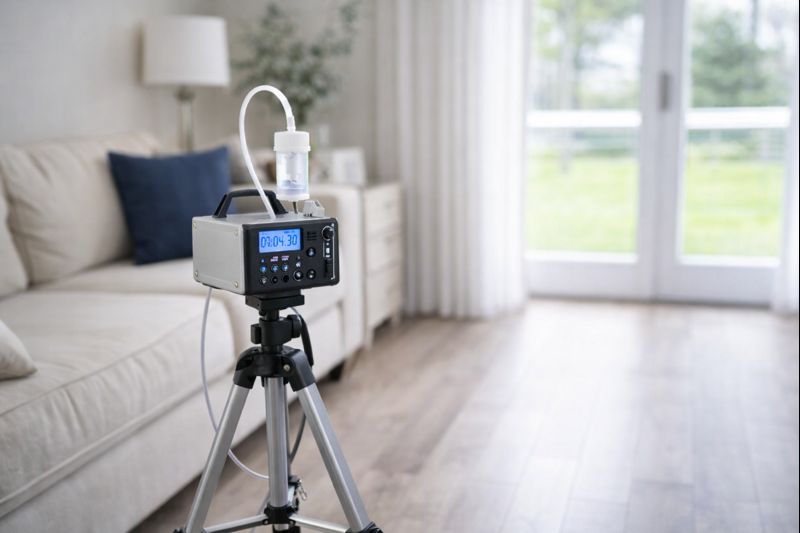 Indoor air quality testing using professional air sampling equipment inside a residential home