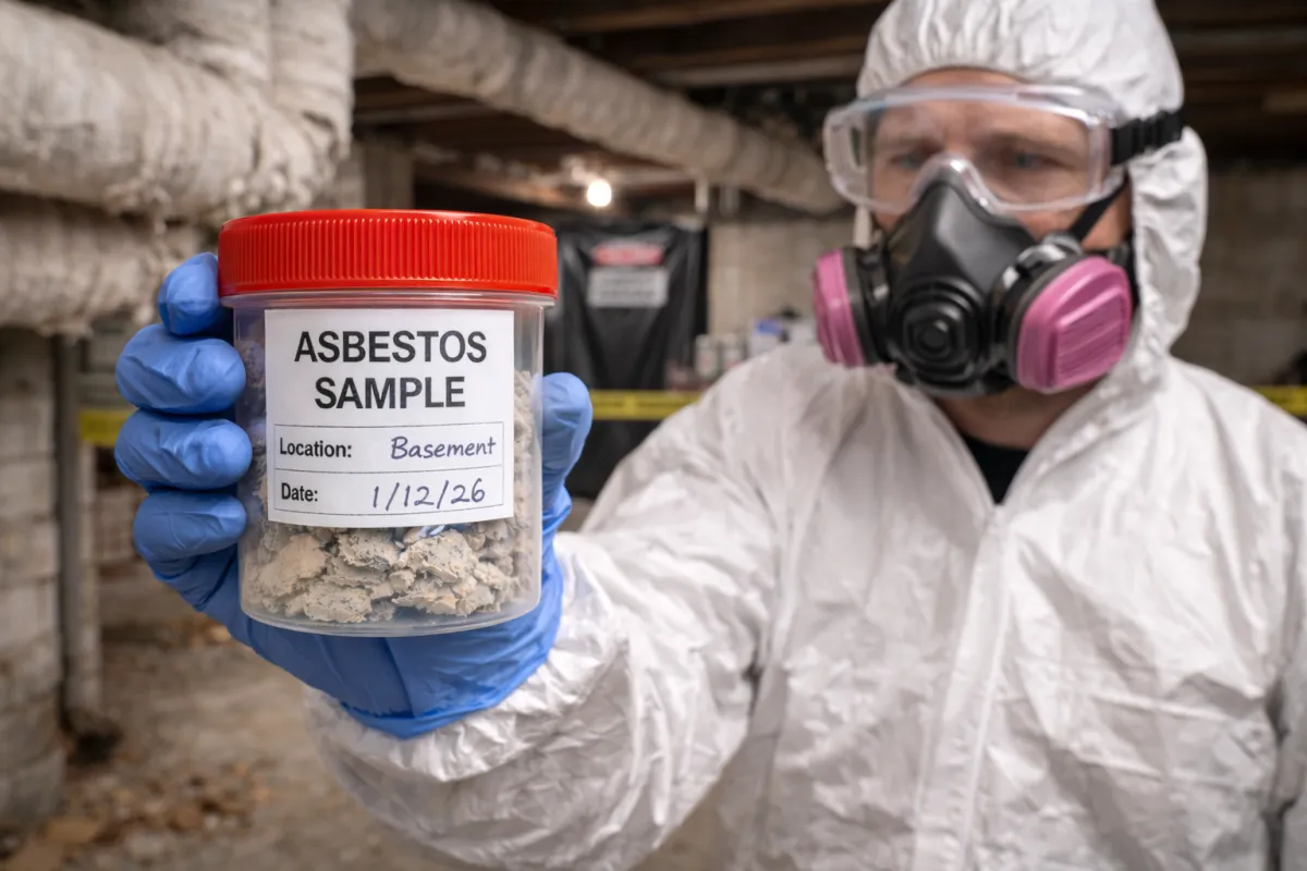 Asbestos testing technician wearing protective equipment and holding a labeled asbestos sample for laboratory analysis