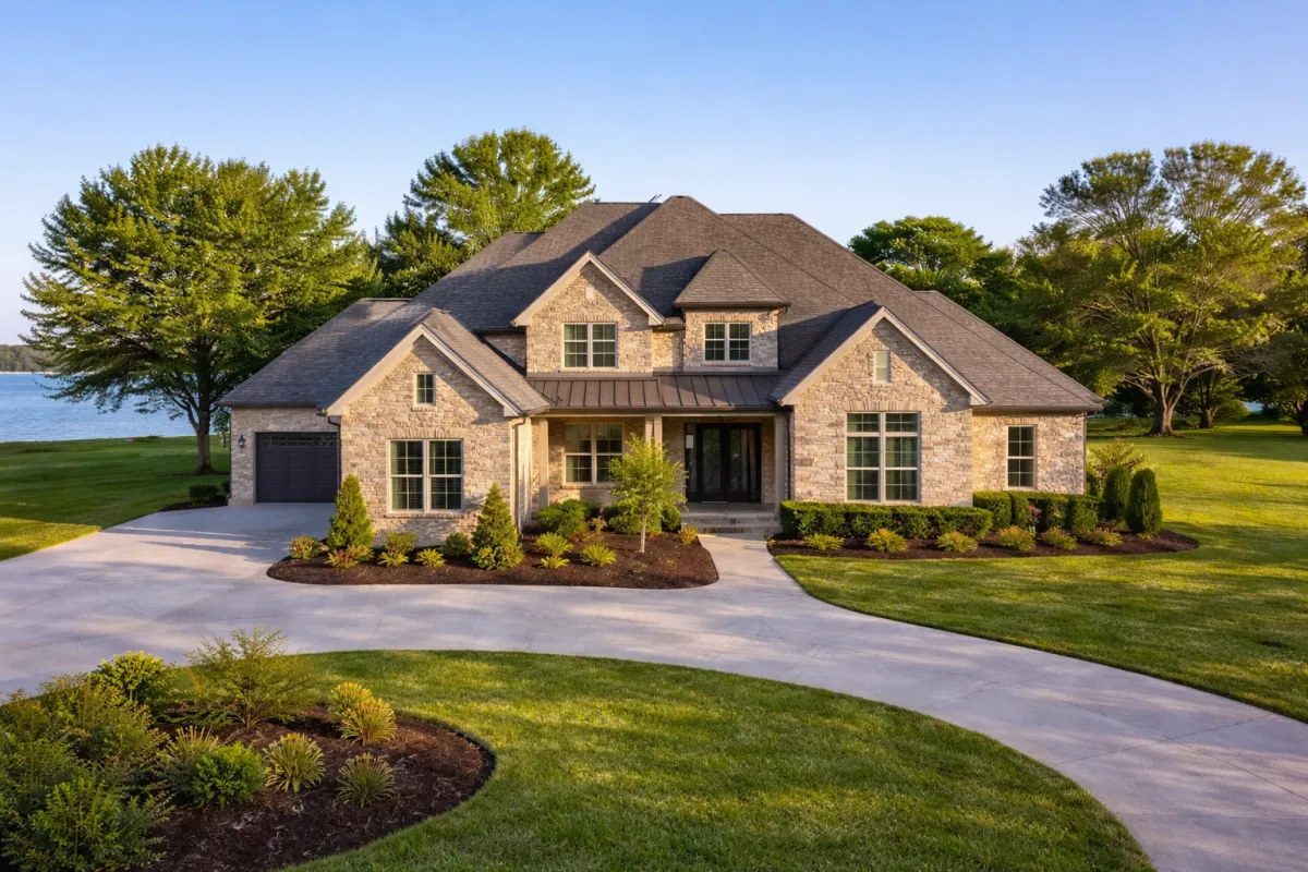 Two-story brick and stone home in Hendersonville, Tennessee with manicured lawn and curved driveway