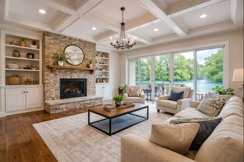 Bright living room interior in a Hendersonville, Tennessee home with stone fireplace and large windows