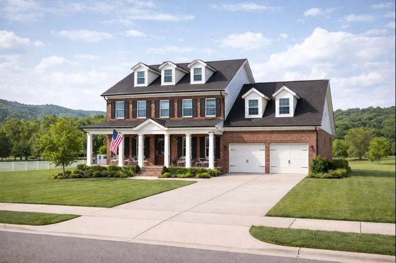 Modern two-story brick home in Middle Tennessee with a covered front porch, clean landscaping, and suburban neighborhood setting