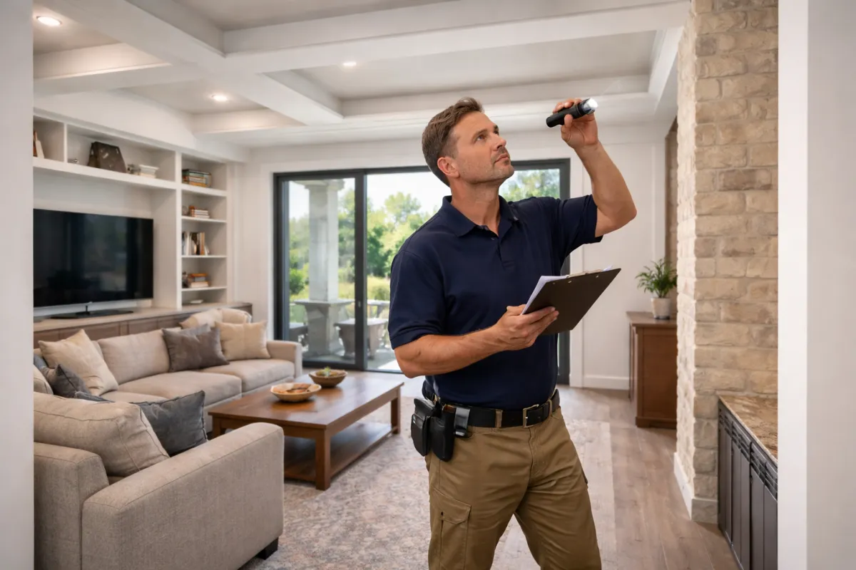 Professional home inspector examining the ceiling inside a modern Middle Tennessee home during a residential inspection