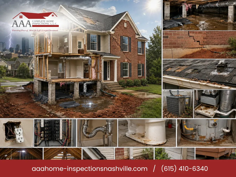 AAA Complete Home Inspections graphic highlighting common home defects, foundation cracks, roof damage, and plumbing issues in Nashville TN