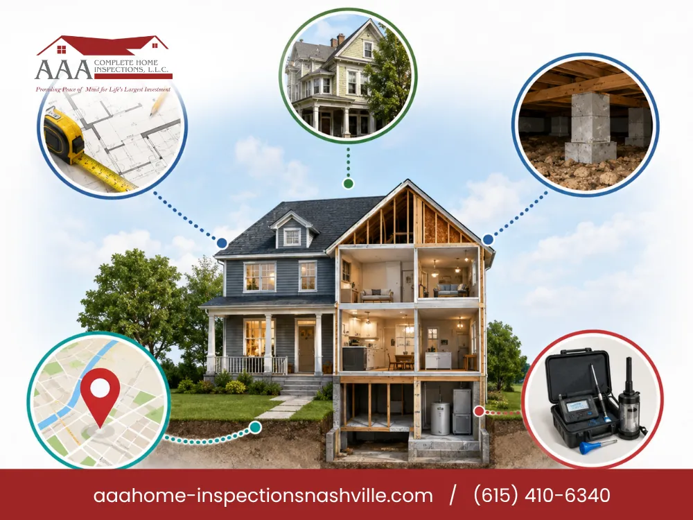 AAA Complete Home Inspections diagram showing full house, crawl space, foundation, and specialty testing services in Nashville TN