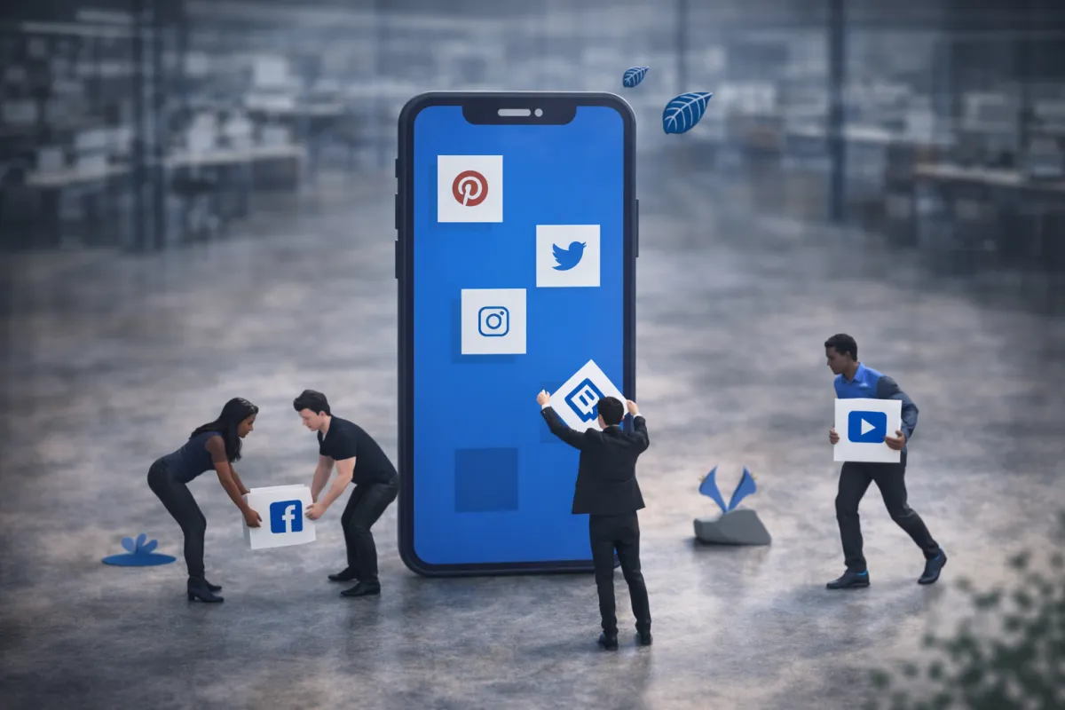 Professional marketing team managing social media platforms on a large smartphone display, representing Beefy Tech Systems social media marketing services in Phoenix Arizona.