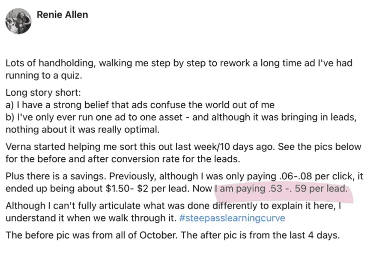 Screenshot: Renie, lead cost cut to $0.53-0.59
